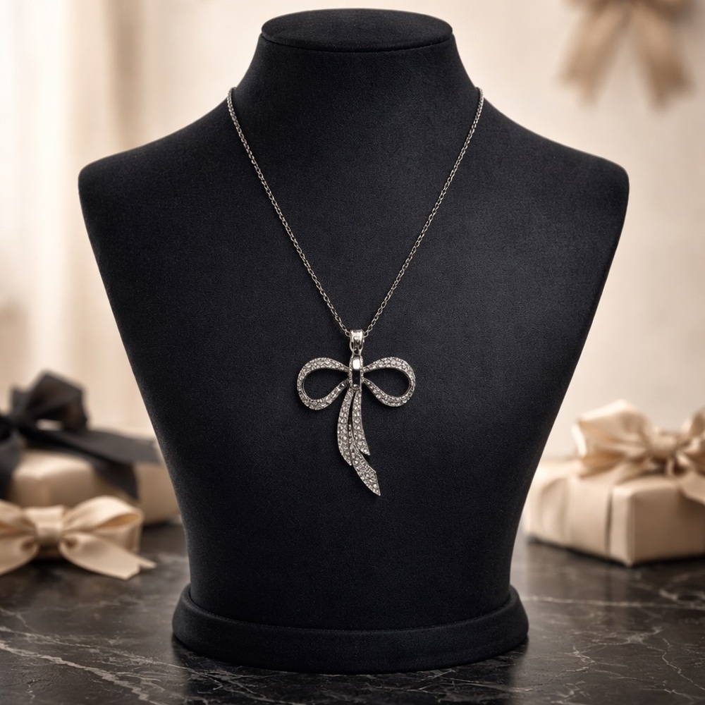 *NEW* Giant Slate Rhinestone Bow Pendant Necklace